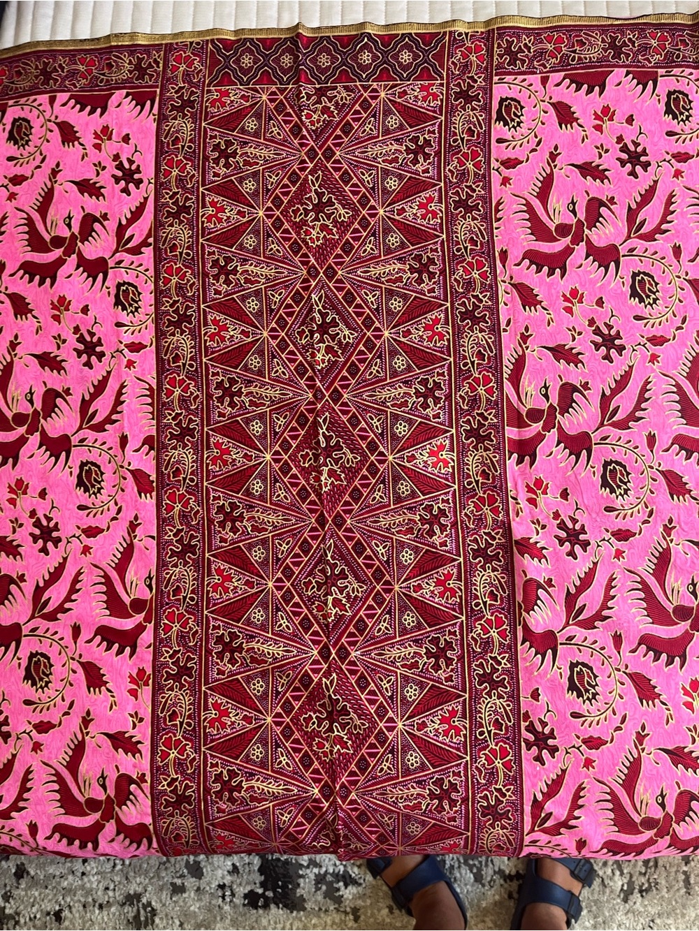 Vibrant Pink & Maroon Batik Fabric Sarong Panel Gold Metallic Bird Floral Trim